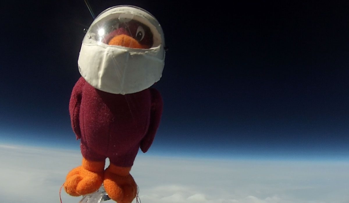stuffed animal of a hokie bird at the edge of space