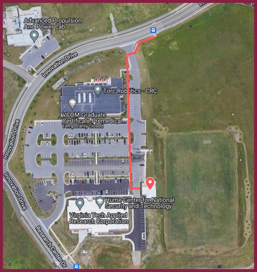 A map showing the event location at the pavilion by the Hume center, along with a path from the bus stop leading directly south to the pavilion